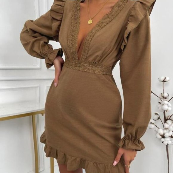 BOHO DOLLZ Plunging Neckline Mini Dress brown - Picture 4 of 6